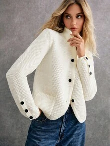 Poéselle 女式纯色长袖单排扣立领休闲开衫，秋冬 - 米色 - 查看 4