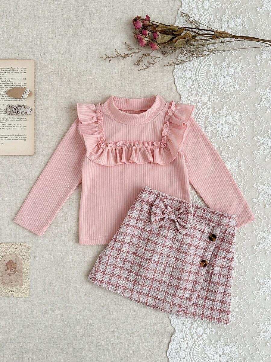 SHEIN 2件組女嬰冬季套裝，可愛紅白格紋粗花呢A字裙搭配粉色羅紋高領毛衣，親子公主風套裝 - 粉色 - 查看 1