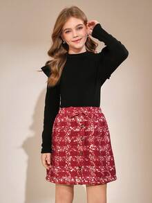 Tween Girls Casual Thick Fleece T-Shirt, Red Plaid Christmas All-Match Versatile T-Shirt Set, Autumn/Winter - Multicolor - View 5