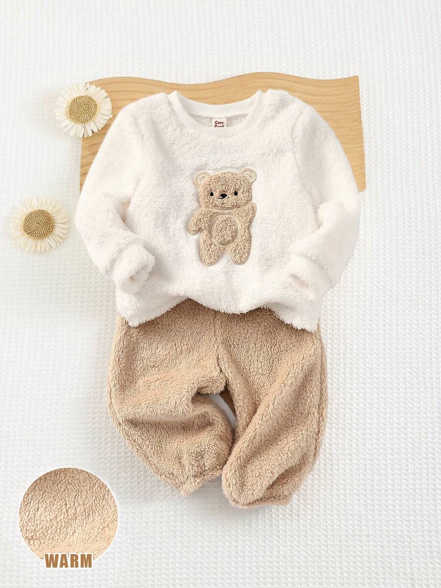 Cozy Pixies 2pcs Baby Girl Teddy Bear Outfit White Autumn Casual Holiday,Contrast Color Crew Neck Long Sleeve Top And Elastic Waist Pants Knitted Neutral Set - Multicolor - View 1