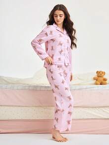 Bonmuse 2件套女士宽松开衫纽扣小熊印花长袖+松紧腰裤睡衣套装，可爱家居服，舒适套装，秋季服装 - 粉色 - 查看 5