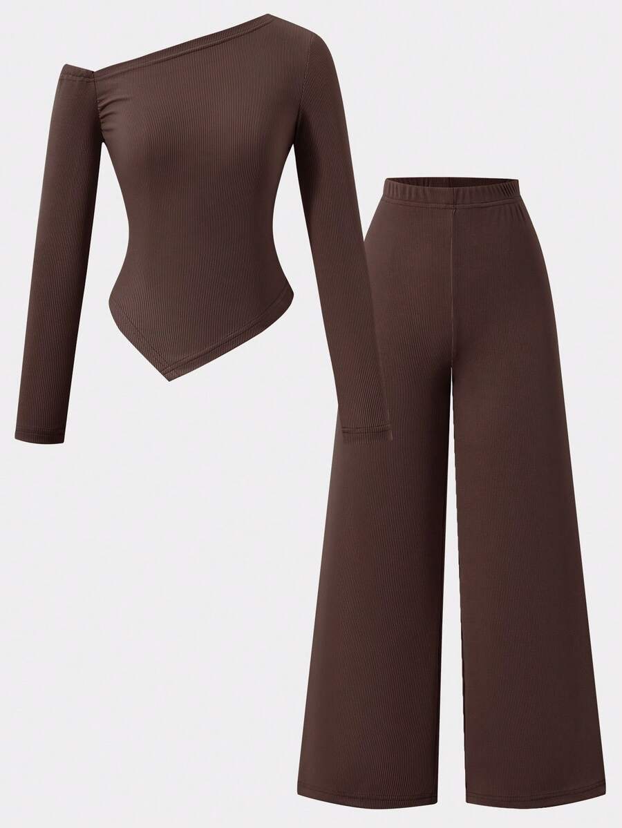 Conjunto de camiseta de manga larga asimétrica y pantalones de unicolor para adolescentes - Café integral - Ver 1