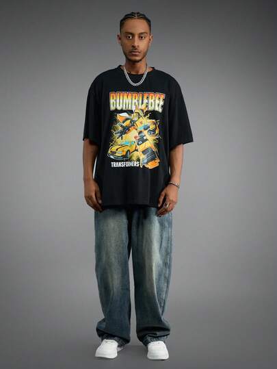 Transformers X SHEIN Men Summer Casual Robot & Letter Graphic Short Sleeve T-Shirt