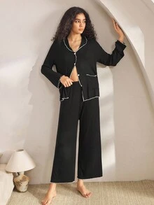 Ocili Set de pijama confortabil din bumbac cu nervuri, în culori contrastante, cu volane, moale, cu top cu mânecă lungă și pantaloni pentru femei, haine de toamnă-iarnă