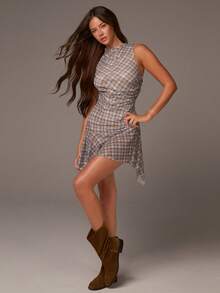 Athîral Women's Casual Blue-Brown Plaid Mini Dress,Asymmetrical Hem,Mesh Fabric,Waist Pleat Design,With Leggings,Ruched Dress,Comfortable, Soft And Skin-Friendly, New Year Outfits, Mesh Dress, See Through Dress, Transparent Dress - Multicolor - View 4