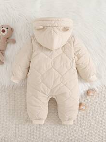 Cozy Pixies 新生儿男女宝宝卡通熊连帽长袖保暖连体衣，舒适百搭，适合秋冬季穿着 - 卡其色 - 查看 2