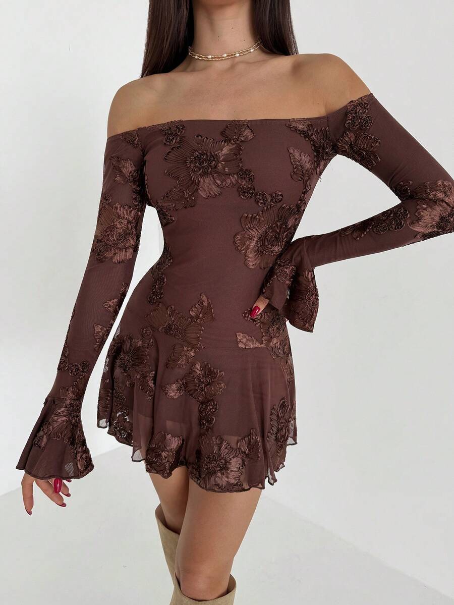 Aloruh Vestido Curto Minimalista de Uso Diário com Ombros à Mostra e Bordado Floral para Mulheres - Café - Visão 1