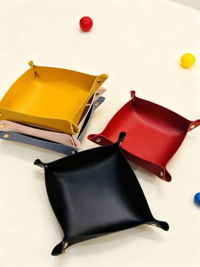 Joivida 1pc Multipurpose PU Leather Jewelry Tray, Rectangle Snap Closure Tabletop Organizer, Foldable Storage Box For Entryway, Keys, Cosmetics, Desk Accessory With Jewelry Trays, Elegant PU Leather Display Plate For Living Room Accessories And Snacks