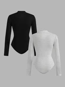 SHEIN EZwear 两件套黑色花卉图案灰色女士拉链高领连体衣套装，休闲长袖 - 彩色 - 查看 2