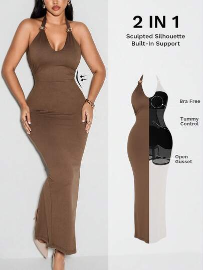 Nuvra 女士露背吊带双层塑身连衣裙，带衬里，收腰提臀，中长款紧身连衣裙