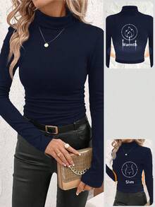 SHEIN Clasi Plus Size Women's Solid Color Turtleneck Long Sleeve Fleece Casual T-Shirt/Winter - Navy Blue - View 10