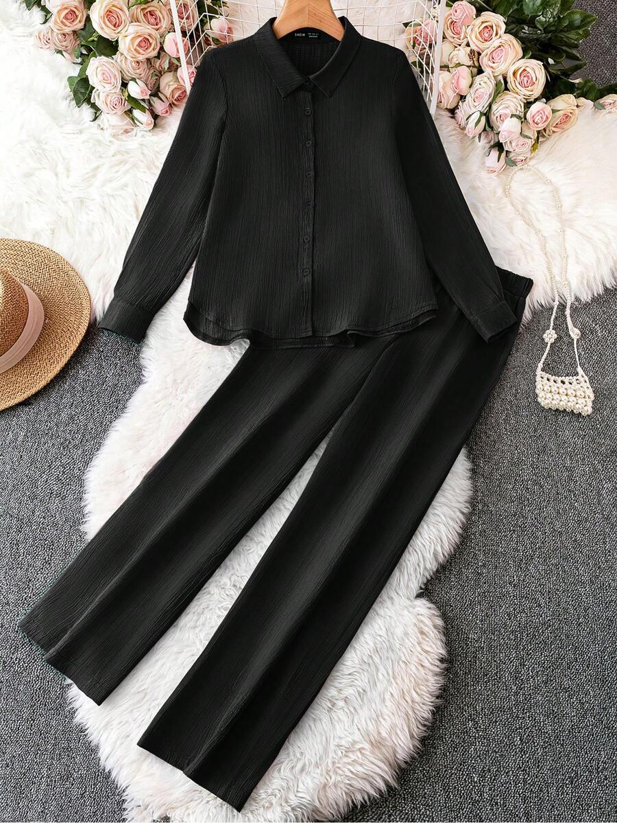 EMERY ROSE Conjunto de 2 piezas de camisa abotonada y pantalones de unicolor casual para mujer - Negro - Ver 1