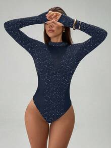 Almamuse Women's Fashion Round Neck Long Sleeve Metallic Silver Mesh Patchwork Sheer Bodysuit - Navy Blue - View 7