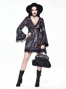 ROMWE Gothic Snake Skin, Moth & Floral Print Contrast Lace Fitted A-Line Dress - Multicolor - View 7