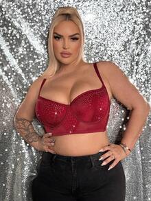 Sujetador con aros y push-up sexy con adornos de strass para mujer de talla grande - Burdeos - Ver 4