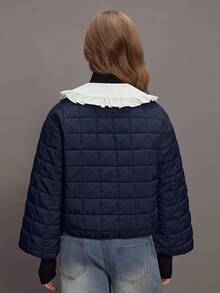 Sparklyn Deep Blue Girls' Padded Coat, Featuring A Fashionable Diamond QuiltingCraftsmanship, Paired With A Cute Ruffled Collar Design, Which Is Warm And Full OfChildlike Fun. Moderate Thickness And Down-Filled Material Make It An Ideal Choice For Girls' Daily Wear Or School Life In Autumn And Winter Seasons. - Blue - View 2