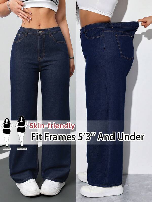 SHEIN PETITE CURVE Plus Size Solid Color Pocket Casual Loose Fit Jeans Blue Winter Christmas New Year Thanksgiving Commuting Vacation Graduation Chic Y2k Cute Streetwear Birthday Outfit Party Wedding Elegant Business Casual WomanWomen's Dark Wash Skin Friendly High Waist Relaxed Fit Wide Leg Jeans Petite Special Christmas Denim Outfit Cute Style Denim Simple Daily