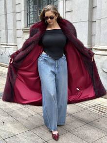 GalTyme 秋冬大码女式纯色长袖仿皮草夹克 - 酒紅色 - 查看 7