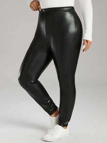 SHEIN LUNE Quần legging PU trơn màu cỡ lớn có lớp lót giữ nhiệt, ấm áp - màu đen - Xem 3