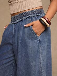 Freevana Pantalon ample casual avec taille élastique, poches et volants à l'ourlet pour femmes grandes tailles. Jeans casual avec volants bohème pour femmes, style occidental - Bleu ciel - Voir 2