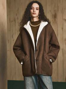 Arave Damen Wildleder Fleece Stoff Vorderseite Knopfverschluss Drop Shoulder Stehkragen Lässig Pendler Regular Jacke - Schokoladenbraun - Übersicht 5