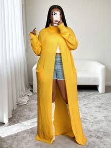 Slaydiva 秋冬新款音乐节、复活节、西部风、游牧风、生日派对、日常休闲、度假、邮轮旅行、海滩、日光浴、爆款、街头风、朋克风、夜店风，亮黄色长袖高领闪亮宽松大码开衫，时尚女装 - 黃色 - 查看 6