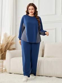 Lacomfia 2pcs Plus Size Women Casual Loose Knit Textured Crew Neck Pullover Set, Suitable For Autumn/Winter