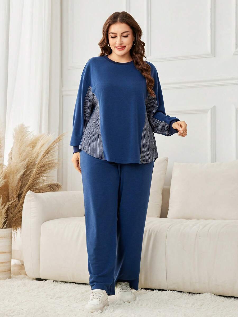 Lacomfia 2pcs Plus Size Women Casual Loose Knit Textured Crew Neck Pullover Set, Suitable For Autumn/Winter