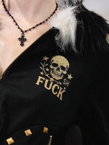 ROMWE J-Fashion Shibuya Girl Chic Bronze Rivet Contrast Fuzzy Trim Fitted Cropped Women Sweatshirt Jacket - Black - View 2