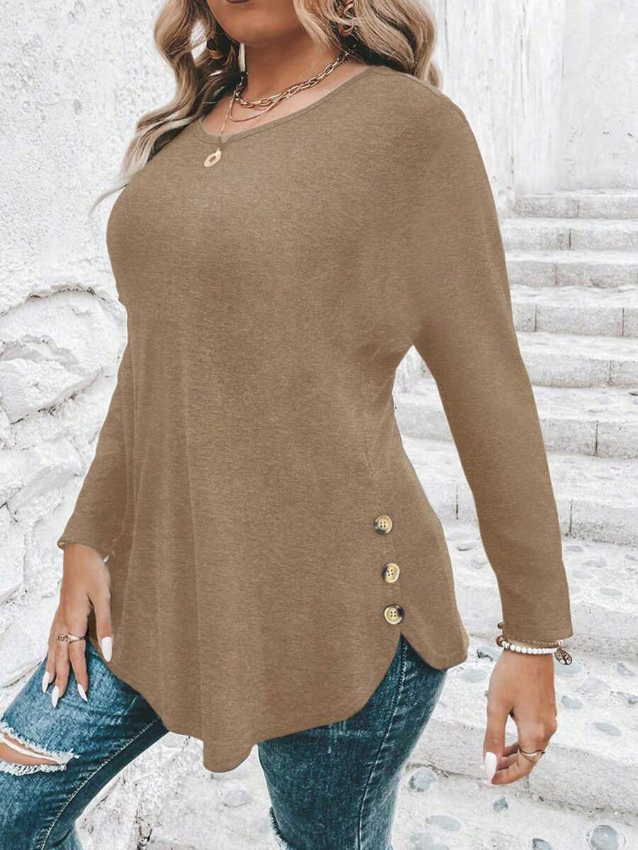 SHEIN Clasi Camiseta de manga larga casual de unicolor talla grande, otoño - Caqui - Ver 1