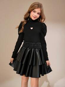 SHEIN 2件套 少女休闲圣诞新年红色T恤和红色格子裙 - 黑色 - 查看 3