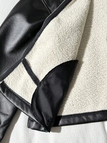 SHEIN 少女秋冬街头时尚PU复合材质保暖内衬撞色领加厚机车夹克，适合秋冬季日常穿着，Y2K风格 - 黑色 - 查看 12