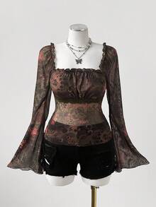 Sunspun Tricou de damă retro plus size, guler rotund, decolteu pătrat, sexy Y2K, imprimeu romantic cu flori de caju, dantelă în culori contrastante, mâneci bufante, guler pătrat cu volane, panglică și plasă, potrivit pentru sărbători, întoarcerea la școală, concert, Ziua Recunoștinței, Crăciun, petrecere de Anul Nou, vacanță, primăvară, vară, tricou boem vintage - Multicolor - Vizualizare 1