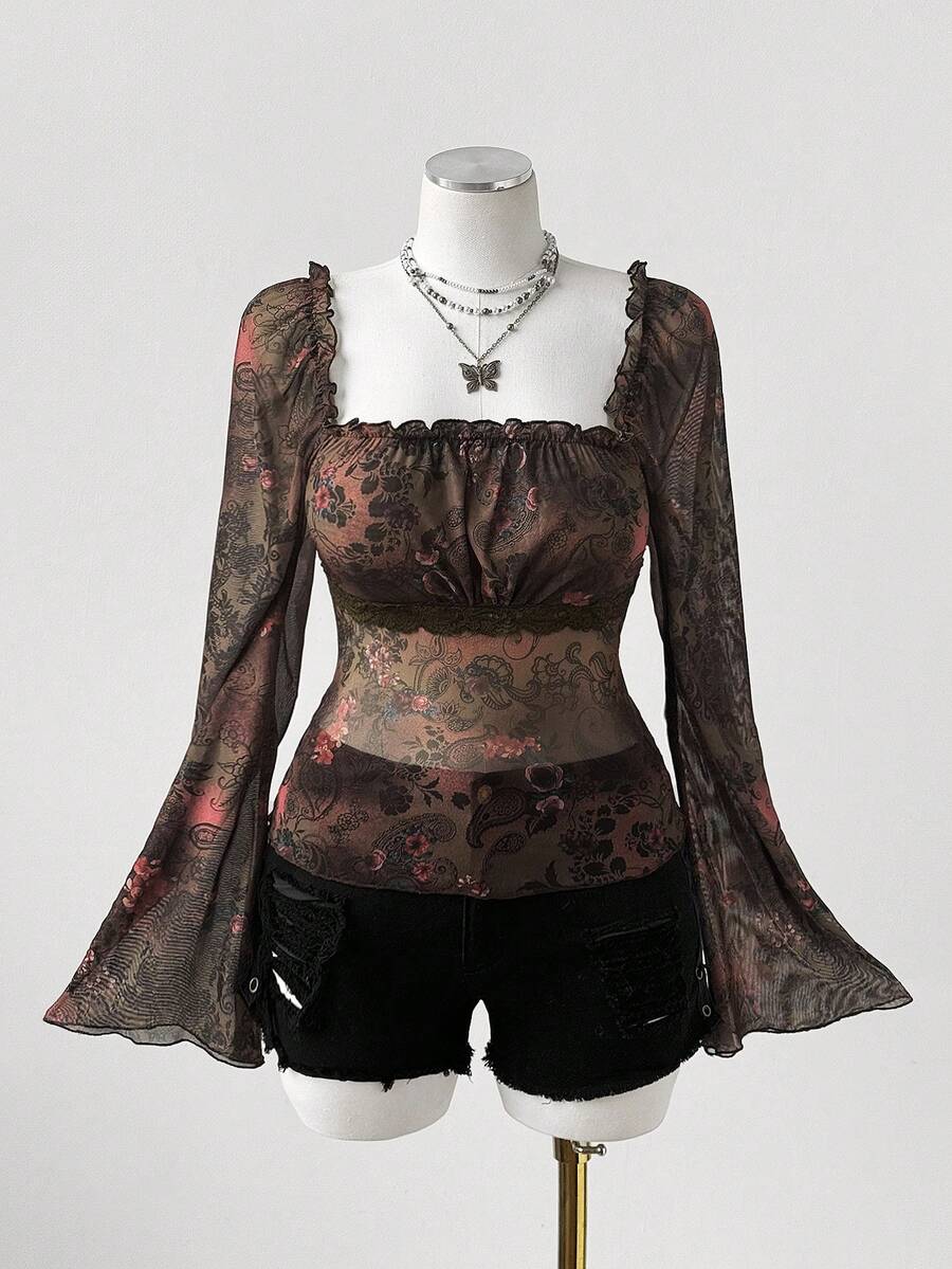 Sunspun Tricou de damă retro plus size, guler rotund, decolteu pătrat, sexy Y2K, imprimeu romantic cu flori de caju, dantelă în culori contrastante, mâneci bufante, guler pătrat cu volane, panglică și plasă, potrivit pentru sărbători, întoarcerea la școală, concert, Ziua Recunoștinței, Crăciun, petrecere de Anul Nou, vacanță, primăvară, vară, tricou boem vintage - Multicolor - Vizualizare 1