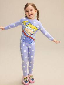 Nick 90s | SHEIN 女童可爱波点针织圆领上衣和裤子修身睡衣套装 - 紫色 - 查看 4