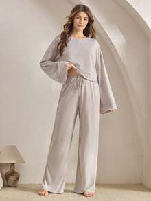 Ocili 两件套舒适柔软竹纤维针织圆领长袖上衣和裤子女士家居服套装，夏季柔软长袖家居服套装睡衣女士宽松款，冬季服装 - 灰色 - 查看 2