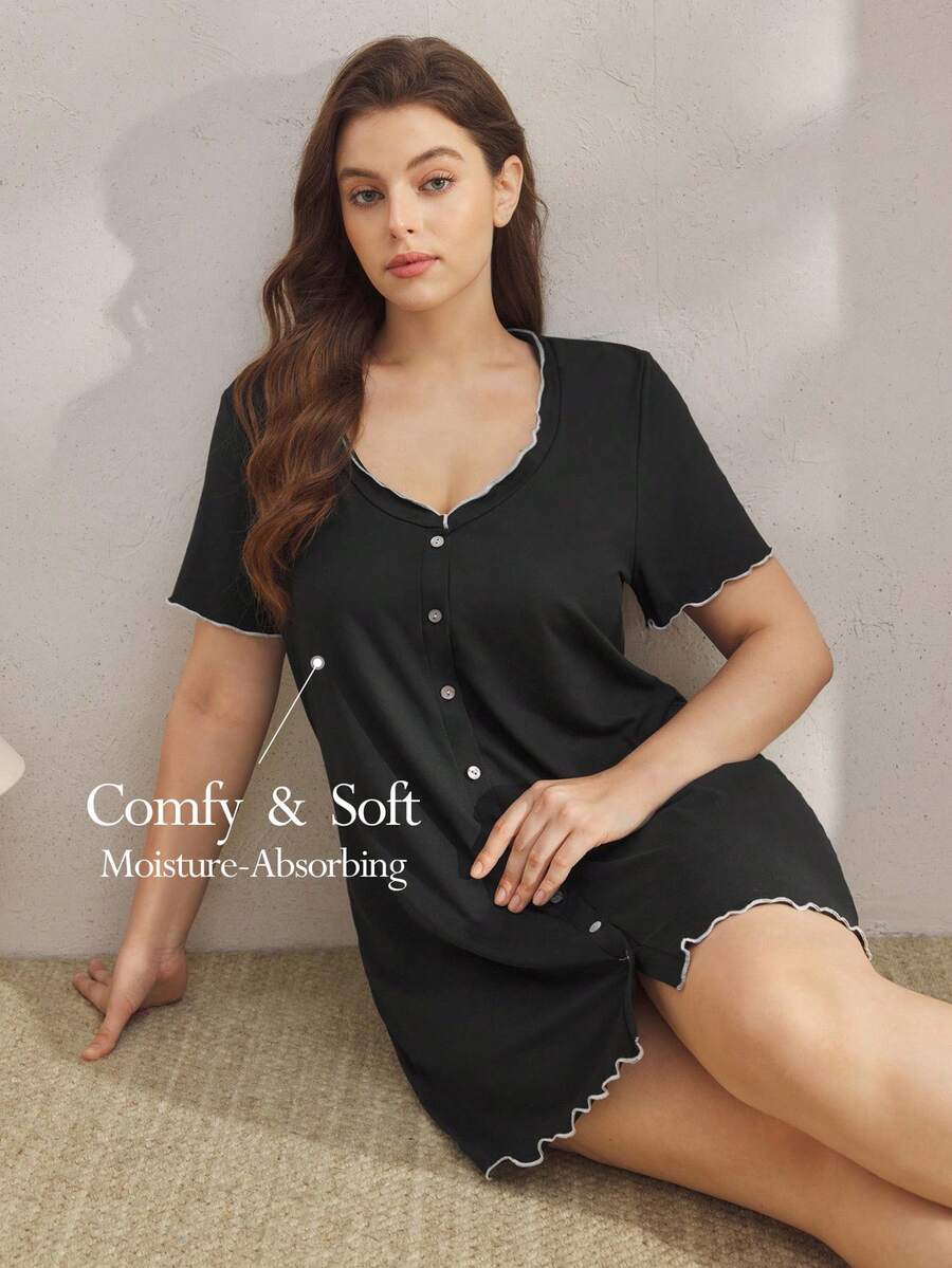 Ocili Mushroom Hem V-Neck Comfortable Button Front Short Sleeve Minimalist Plus Size Nightgown - Black - View 1