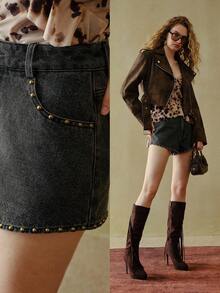 MOTF STUDIO 低腰时尚短款铆钉洗水黑色牛仔短裤 - 深灰色 - 查看 8