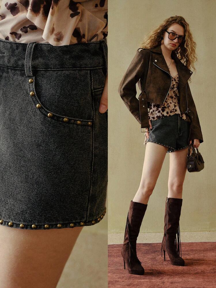 MOTF STUDIO SHORT EN JEAN NOIR DÉLAVÉ mode À TAILLE BASSE AVEC RIVETS