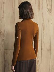 Revavyn Revavyn Women's Knitted Rhinestone Detail Slim Fit High Collar Top, Brown,Autumn,Elegant,Night Out Top - Chocolate Brown - View 4