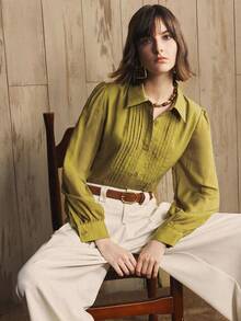 SHEIN LUNE Women's Fabric Straight H-Shaped Shirt, Long Sleeve Daily Commuting Shirt Fall,Olive Green,Autumn,Elegant,Office - Green - View 1