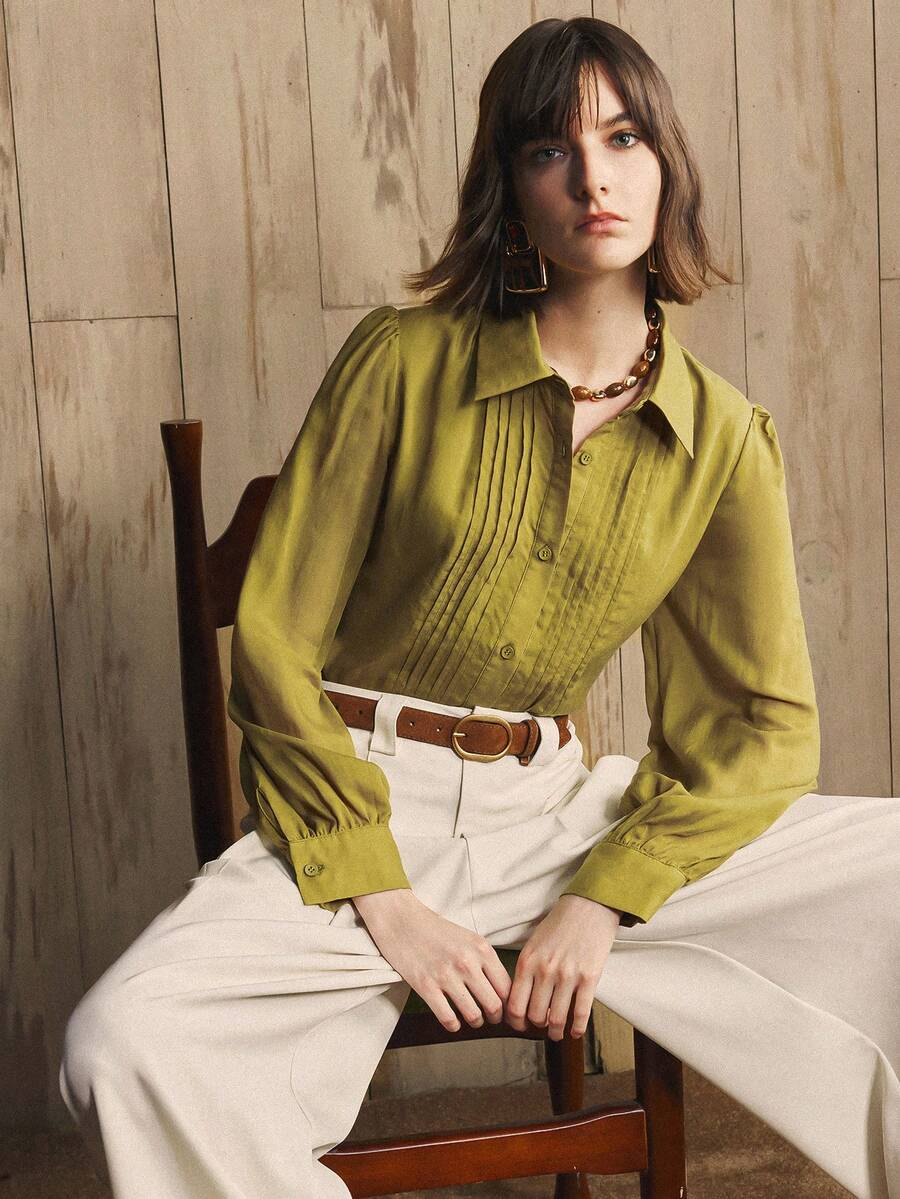 SHEIN LUNE Women's Fabric Straight H-Shaped Shirt, Long Sleeve Daily Commuting Shirt Fall,Olive Green,Autumn,Elegant,Office - Green - View 1