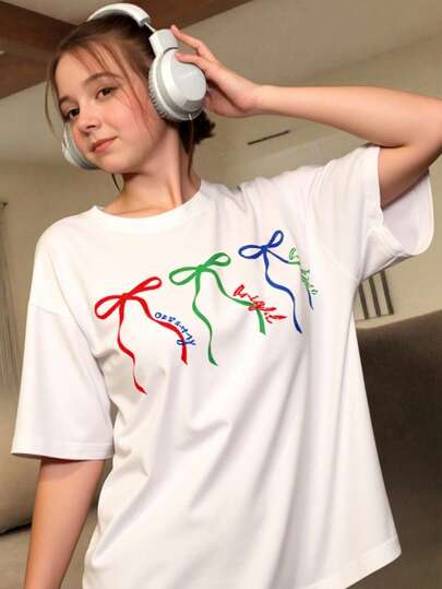Sparklyn Teenage Girls' Round Neck Short Sleeve T-Shirt, Multi-Color Bow Print, Casual Daily Wear, Fashionable & Versatile