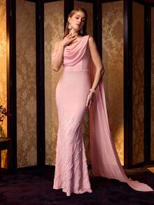 MOTF Soiréza WOMEN'S ELEGANT ASYMMETRICAL SHOULDER STRAP PARTY GOWN – FLOWING SINGLE-SIDED ULTRA-LONG SLEEVE, SPARKLY BEADED EMBELLISHMENTS & FITTED SILHOUETTE, PERFECT FOR FORMAL PARTIES, WEDDINGS & EVENTS, PAIR WITH STATEMENT JEWELRY, HEELS & CLUTCH - Pink - View 6