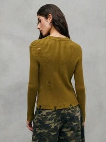 SHEIN Unity Stylish Olive Green Ribbed Sweater With Edgy Distressed Details Around The Neckline And Hem,Autumn Casual Everyday Elegant Relaxed Clothing For Women - Dark Green - View 2