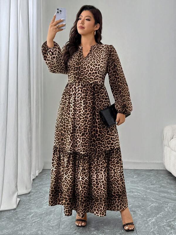 SHEIN LUNE Plus Size Women Notched V-Neck Lantern Sleeve Leopard Print Ruffle Hem Dress