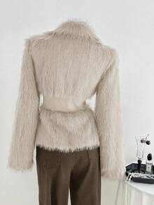 Elamini Brown Faux Fur Patchwork Waist Design Slim Fit Stand Collar Zip-Up Long Sleeve Women Jacket - Khaki - View 2
