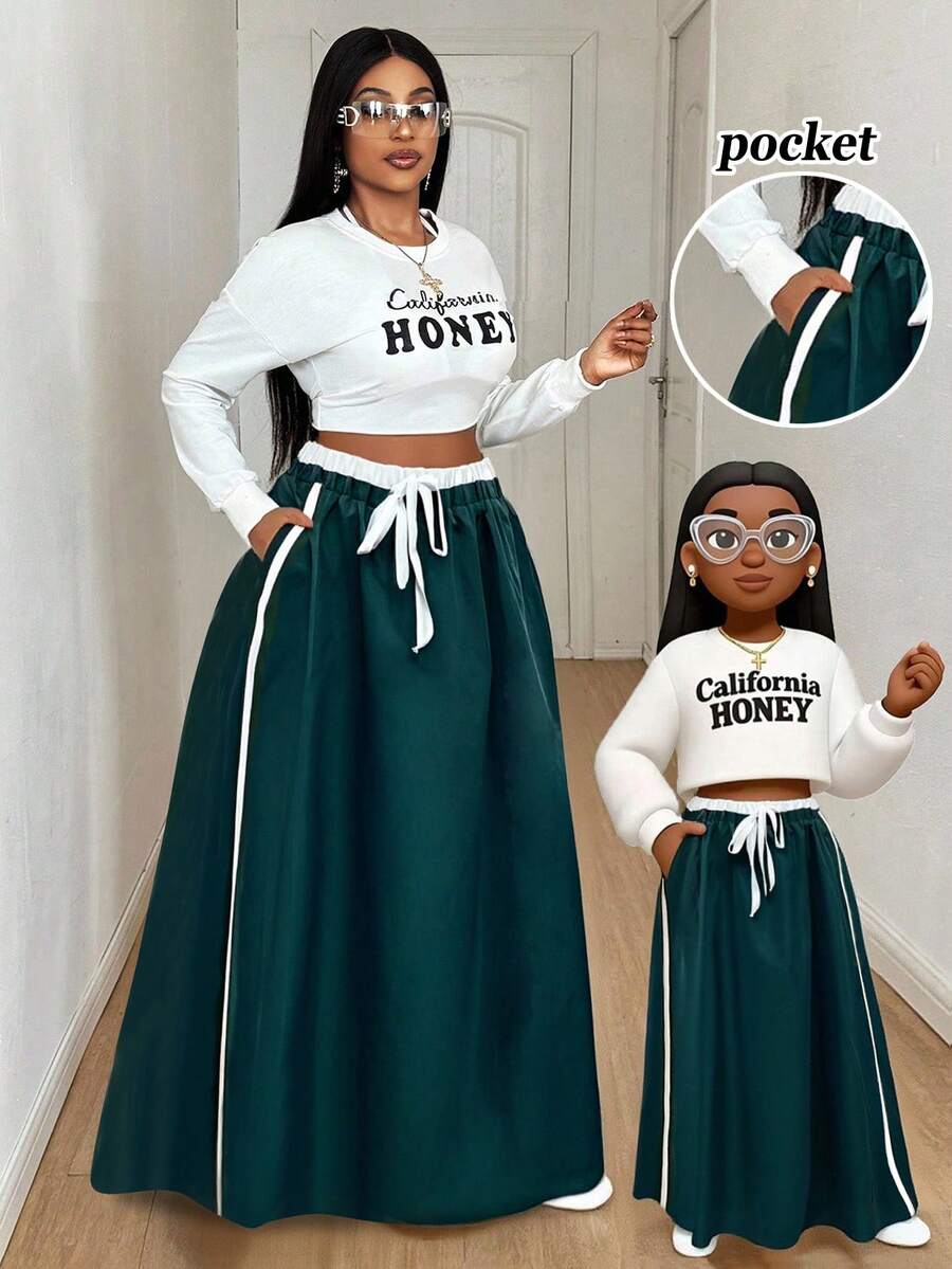 Maweii 大码女式撞色拼接侧边系带蝴蝶结松紧腰裤，时尚设计，适合派对、日常穿着，百搭，秋冬季款 - 彩色 - 查看 1