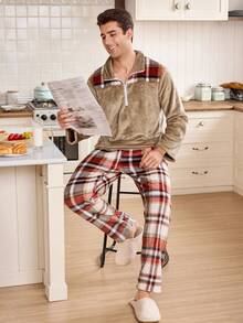 男士撞色格纹法兰绒休闲宽松家居服套装，蓬松舒适的冬季服装 - 彩色 - 查看 6