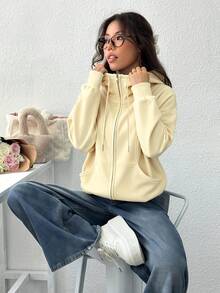 SHEIN EZwear 女士前拉链长袖口袋卫衣，简约休闲，适合毕业、教师、秋冬返校季穿着。 - 杏色 - 查看 5